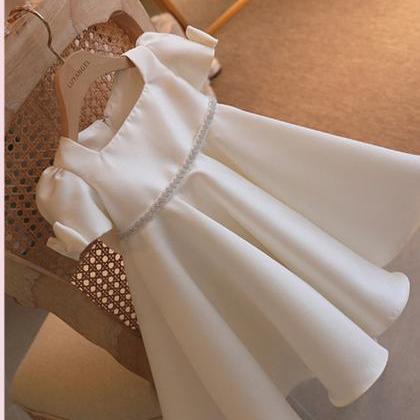 White Satin Girl Dress with Beads D..
