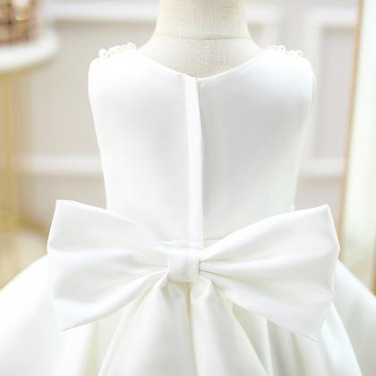 Pearls Decor White Satin Flower Girl Dress