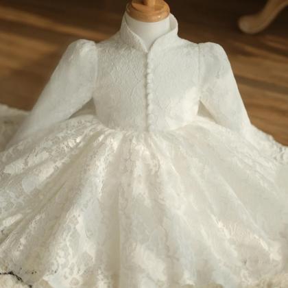 High Collar Overall Lace Christening Dress