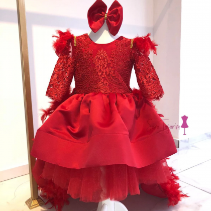 Half Sleeves Red Flower Girl Dress With Detachable..