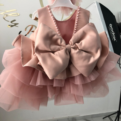 Chic Blush Pink Little Girl Dress Bow Ceremony..