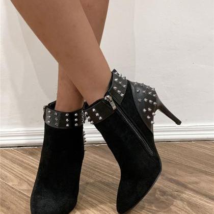 Stud Decor Women Black Stiletto Heels Ankle Boots