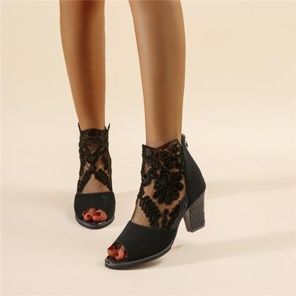 Lace Details Peep Toe Block Heel Women Shoes