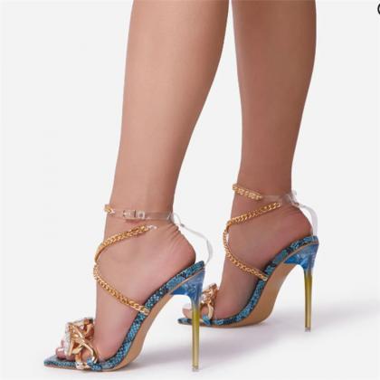 Jeweled Chain Strap High Heel Sandals Shoes