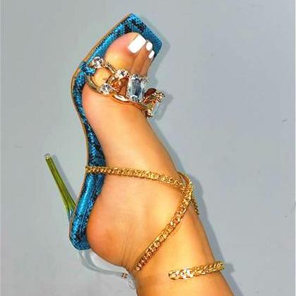 Jeweled Chain Strap High Heel Sandals Shoes