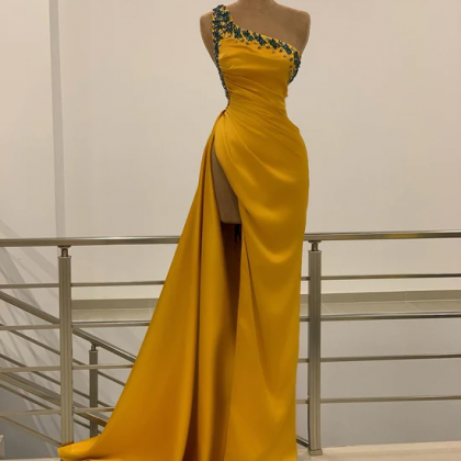 One Shoulder Gold Satin Couture Dress With High..