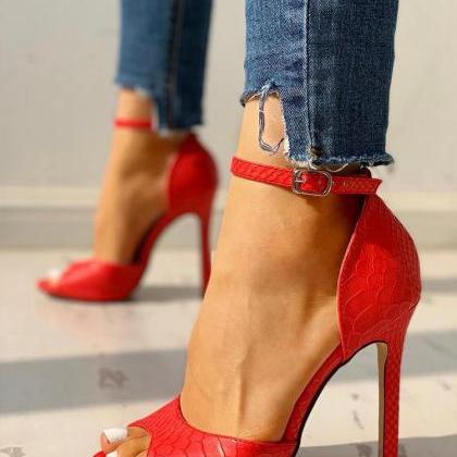 Embossed Red Ankle Strap High Heel Sandals Women..