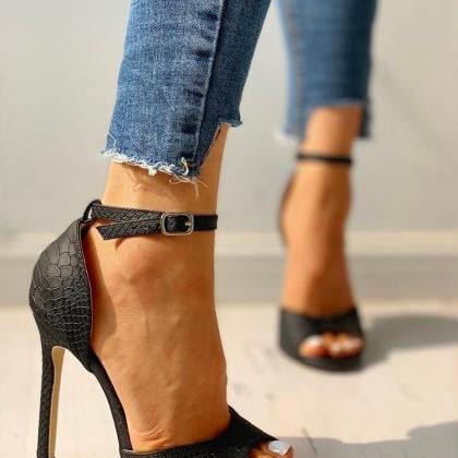 Embossed Ankle Strap High Heel Sandals Women Shoes