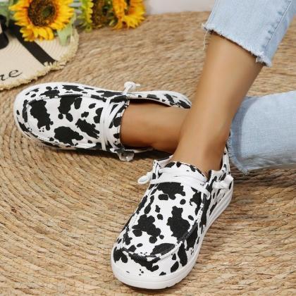 Women Black And White Cow Print Lace-up Front..
