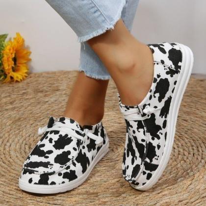 Women Black And White Cow Print Lace-up Front..