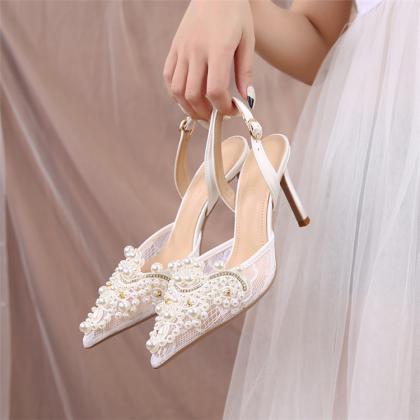 Pearls Decor Slingback Wedding Shoes Women