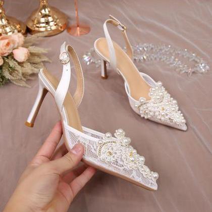 Pearls Decor Slingback Wedding Shoes Women