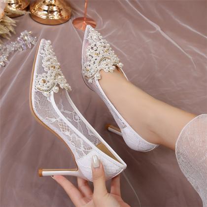 Pearls Decor Women Pupms Heels Wedding Shoes