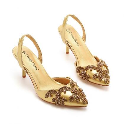 Rhinstones Decor Gold Women Prom Shoes For Party