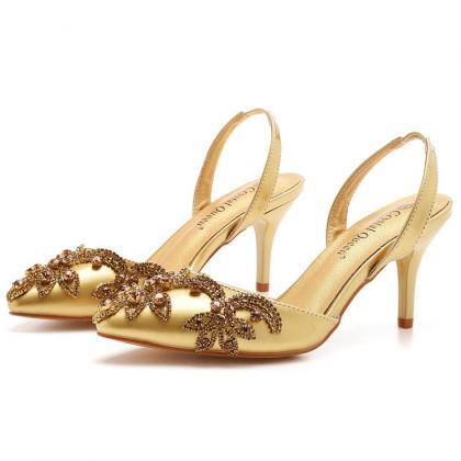 Rhinstones Decor Gold Women Prom Shoes For Party