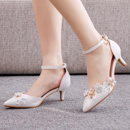Faxu Pearl&lace Decor Ankle Strap..