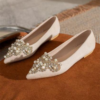 Faux Pearls Decor Point Toe Women Flats Shoes