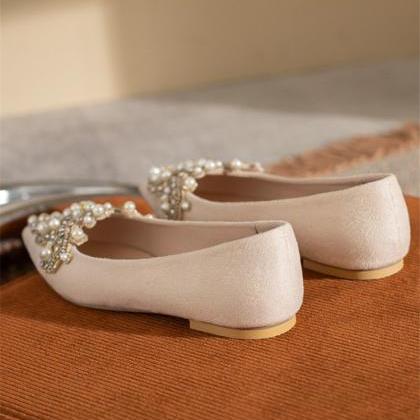 Faux Pearls Decor Point Toe Women Flats Shoes