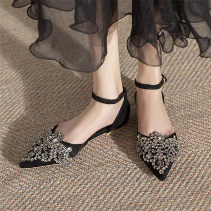 Rhinestones Decor Black Ankle Strap Women Flats
