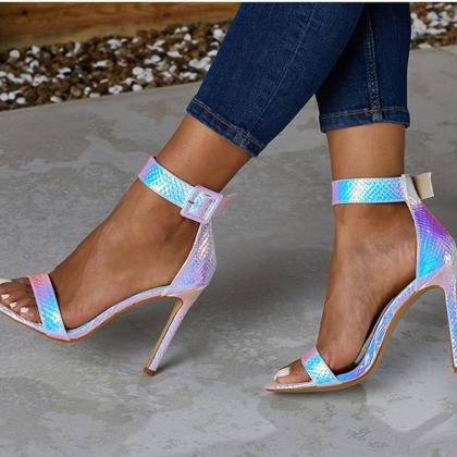 Pink Holographic Ankle Strap Sandals Heels Women..