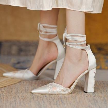 Embroidery Details Ankle Strap Wedding Shoes Women