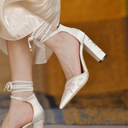 Embroidery Details Ankle Strap Wedding Shoes Women