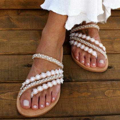Faux Pearls Decor Women Summer Slide Sandals