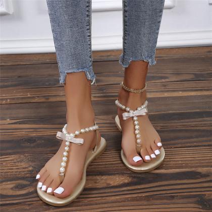 Faux Pearls Decor Thong Flat Sandals