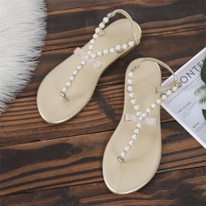 Faux Pearls Decor Thong Flat Sandals