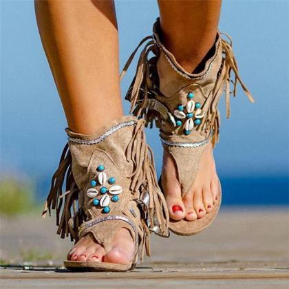 Shell Decor Suede Wedge Flip Flops Desert Sandals