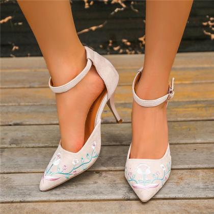 Ankle Strap Embroidery Suede Women Sandals Shoes