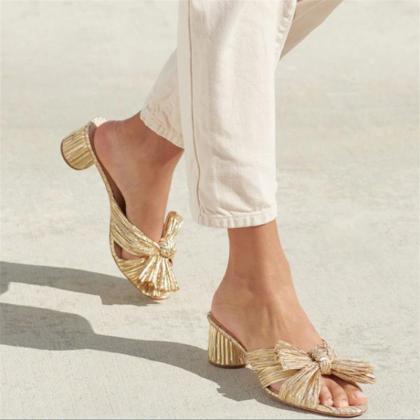 Twisted Bow Decor Gold Sandals Women Summer Shoes