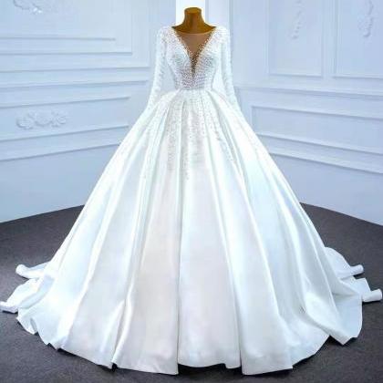 Pearls Decored Long Sleeves Ball Gown Wedding..