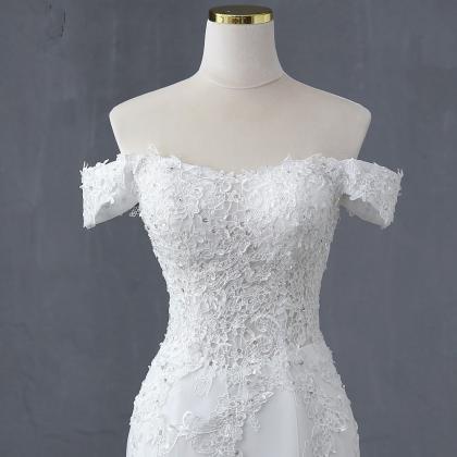 Off The Shoulder Fit To Flare White Wedding Dress..