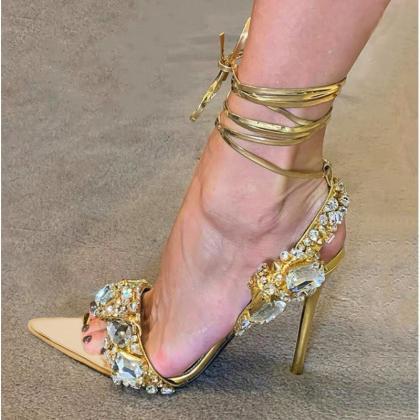 Jeweled Gold Sandal Heels Prom Shoe..