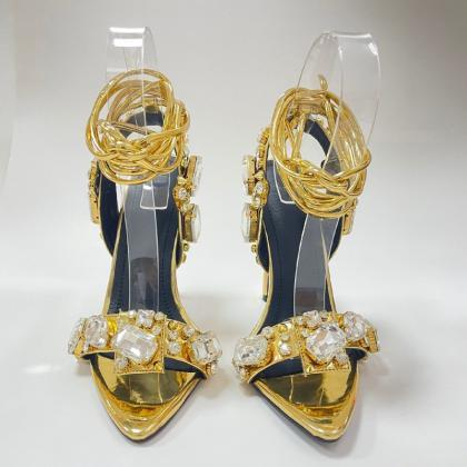 Jeweled Gold Sandal Heels Prom Shoe..