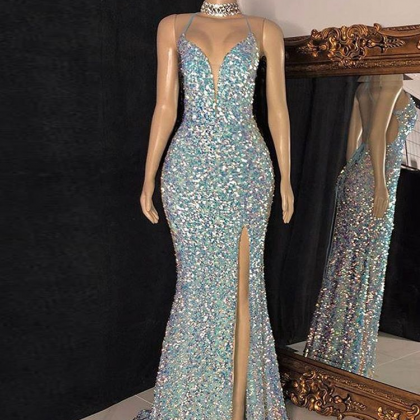 Backless Sequin Prom Dress With Spaghetti Tie..