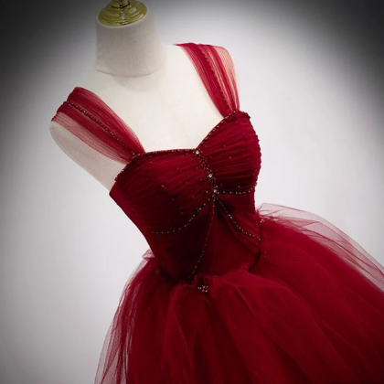 Beaded Detail Dark Red Tulle Formal Occasion Dress..