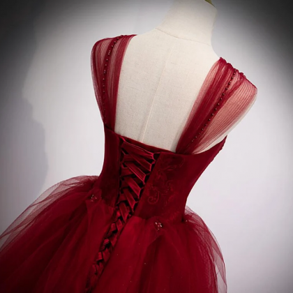Beaded Detail Dark Red Tulle Formal Occasion Dress..