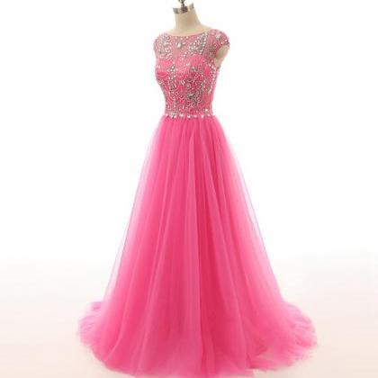 Cap Sleeves Long Tulle Prom Dresses Formal..