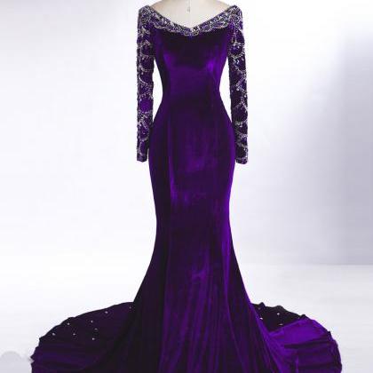 Long Sleeves Purple Velvet Formal Occasion Dress..