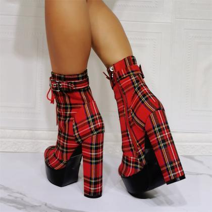 Red Plaid Buckled Booties