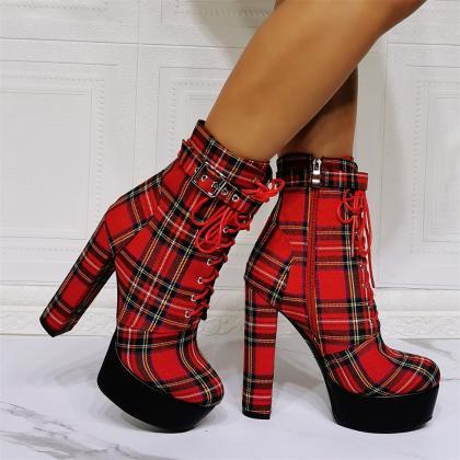 Red Plaid Buckled Booties