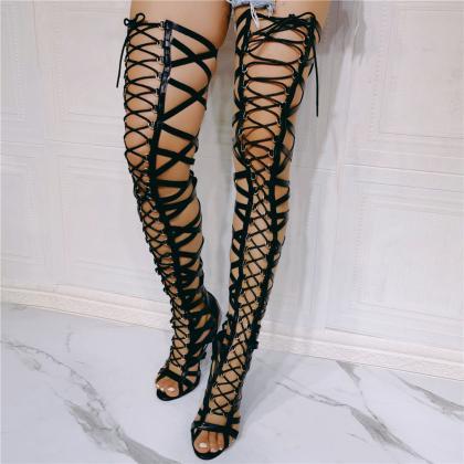 Leather Caged Lace Up Gladiator Sandal Thigh