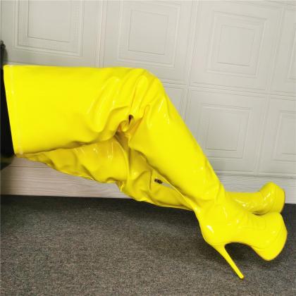 Yellow Platform Knee High Booties