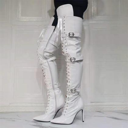 Belted White Knee High Boots Women