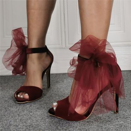 Ankle Strap Wine Velvet Stiletto Heels