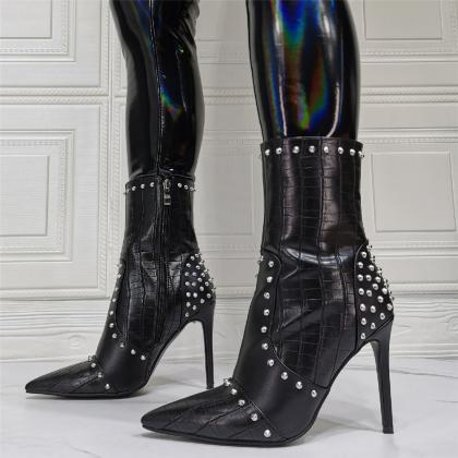 Studded Black Stiletto Heels Ankle Boots