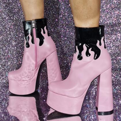 Pink&black Women Platform Ankle Boots..
