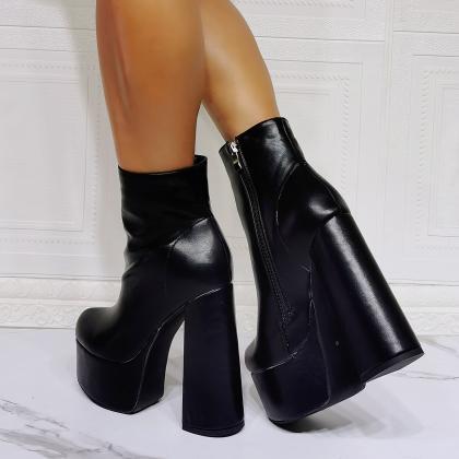 Side Zipper Black Women Platform Ankle Boots